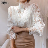 Christmas Gift White Patchwork Shirt Button Hollow Out Tops Korean Chic Lace Blouse Women Flower Stand Collar Blusas Petal Sleeve Blouses 12419