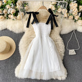 Vintage Strap Fluffy Dress Women Beach Wear Solid Color High-Waist Mesh Fairy Robe Sexy Club Clothing Sundress