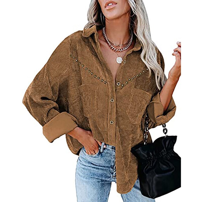Christmas Gift Autumn Winter New Women Solid Color Lapel Coat Women's Corduroy Long-sleeved Buttoned Shirt Vintage Fashion Oversized Jacket Top