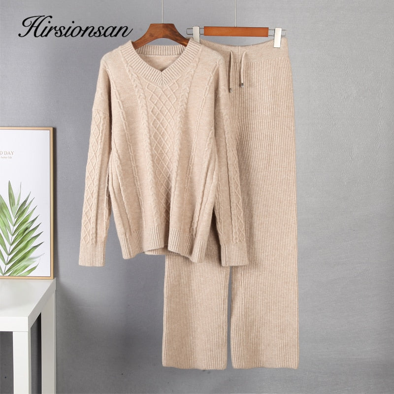 Christmas Gift Hirsionsan V Neck Thicken Cashmere Knitted Sets Women 2021 Winter Warm Casual Two Pieces Plait Sweater and Pants Loose Tracksuit