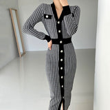 Christmas Gift One Piece Dress Korean Chic Temperament V-neck Bird Design Slim Single Breasted Long Sleeve Knitted Dress Women