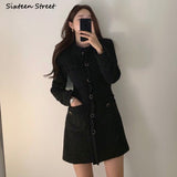 Kukombo Vintage Beige Tweed Dress Woman Single Breasted Elegant Party Mini Dresses Female Autumn Winter Wool Blend Dress Vestidos Mujer