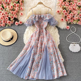 Kukombo Summer Elegant Chiffon Floral Strap Dress women's Mesh Stitching Strapless Mixi Dress Holiday Ladies Vestidos 2022 Robe