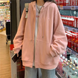 Kukombo With Hat Hoodies Women Zip-Up Spring Autumn Front Pocket Loose Korean Style Trendy Casual Students Elegant Chic All-Match Coats