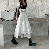 Kukombo Black Gothic Lace Stitching Irregular Pleated Skirt Women White Vintage High Waist Long Skirt Korean Solid Hip Hop Streetwear