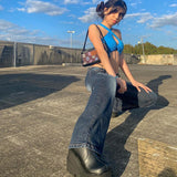 Kukombo Pockets Low Waisted Jeans Vintage Flare Pants Streetwear Women'S Trousers Wide Leg Pants 2022 Autumn Winter Fashion 90S