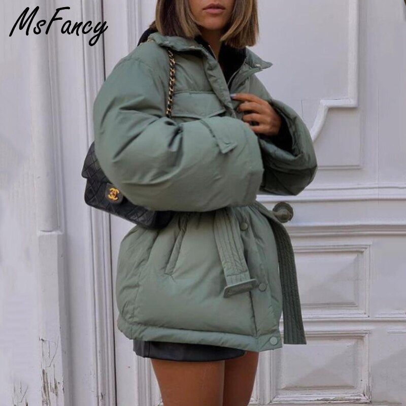Christmas Gift Msfancy Green Quilted Coat Women Winter Fashion Stand Collar Tunic Bandage Jacket Mujer 2021 Vintage Pockets Warm Parkas Outwear