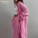 Kukombo 2022 spring Pink Pants Set Women Casual Long Sleeve Blouse Shirt Matching Wide Trousers Suit Elegant Loose Two Piece Pant Set