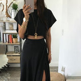 Kukombo  Fashion Women High Split Skirt Set Summer Cropped Top And Long Skirt Two-Piece Sets Black Chic Pullover Lounge Wear Outfits