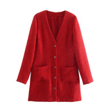 Kukombo Women Fashion Two Pocket Red Blazer Coat Loose Jacket Vintage Long Sleeve Female Outerwear Chic Winter Tops