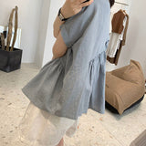 Christmas Gift Shirts Women O-neck Short Sleeve Pockets Asymmetrical Loose Solid Simple All-match Korean Style Daily Ladies A-line Female Tops