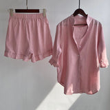 Christmas Gift Msfancy Summer Shorts Sets Women Cotton 2 Piece Set 2021 Mujer Stand Collar Shirt Half Sleeve Vintage Pajamas Suit