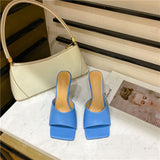 Christmas Gift Eilyken 2021 New Summer Women's Mules Slippers Elegant Square Toe High Heels Slippers Ladies Slides Shoes Femme Zapatos Mujer