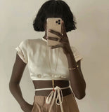 Kukombo Elegant Satin Summer Top Camis Women Backless Bandage Crop Top White Short Tops 2023 Blusas De Mujer