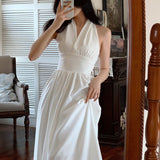 Kukombo  White Elegant Halter Dress Women Sexy Backless Korean Party Midi Dress Female Sleeveless V-Neck Vintage Dresses For Women 2022