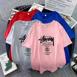 Christmas Gift 2021 Couple Outfit Printing Collarless Youth Leisure Grey Straight Tube Summer Ordinary Short Sleeve Cotton Men's Women Wear New
