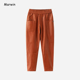 Christmas Gift Marwin 2021 New-Coming Winter Pu Leather Pockets Full Length Women Pants High Street Style Elastic Waist Female Leather Pants