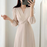 Kukombo One Piece Dress Korean Chic French Gentle Thin V-neck Crimp Design Feeling Lace Up Waist Over Knee Long Sleeve Chiffon Dress