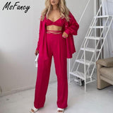Christmas Gift Msfancy Summer Pant Sets Women Long Sleeve Blouse Hight Waist Wide Leg 2 Piece Sets 2021 Female Pant Suits