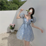 Kukombo  Floral Sweet Princess Dress Women Vintage Puff Sleeve Sexy V-Neck Mini Dress Female Evening Party Korean Fairy Dresses 2022 Y2k