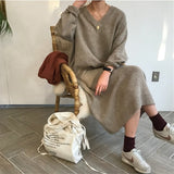 Christmas Gift BGTEEVER Chic Oversize Thick Long Sweater Dress Women V-neck Autumn Winter Straight Sweater Dress Female Casual Loose Knit Dress
