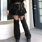 Kukombo Dark Pleated Skirts With Trouser Legs Gothic Solid High Waisted A-Line Mini Skirts Preppy Style Cool Streetwear Fashion