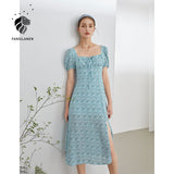Christmas Gift FANSILANEN Office Lady French Floral A-line Dress Summer 2021 New Style Square Neck Blue Yellow Long Skirt Women Sweet Style