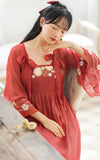 Kukombo French Retro Bow Sweet Embroidered Dress Women 2022 Summer Improved Hanfu Ladies Japanese Square Collar Elegant Gentle Kimono K148