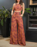 Kukombo Leaf Print Sleeveless Top & Pants Set 2022 Summer Women Two Piece Set