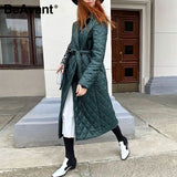 Kukombo Long straight coat with rhombus pattern Casual sashes women winter parka Deep pockets tailored collar stylish outerwear
