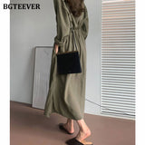 Christmas Gift BGTEEVER Vintage Single-breasted Women Dress 2021 Spring Turn-down Collar Lace-up Casual Female Dress Elastic Waist Vestidos