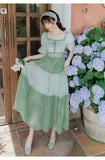 Kukombo Mori Girl Green Gentle Fairy Summer Chiffon Dresses Puff Sleeve Square Neck Elegant French Retro Floral Dress Vestidos De Fiesta