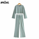 Christmas Gift Aproms White Black Knitted Women's 2 Piece Suits Casual Flare Sleeve Cropped Top and Pants Set Female High Waist Homesuits 2021