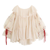 Kukombo French Palace Lantern Sleeve Chiffon Shirts With Vest Women Fairy Embroidered Mesh Blouse Loose Ruffled Long-Sleeved Tops
