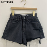 Christmas Gift BGTEEVER Summer Fashion High Waist A-line Women Denim Shorts Ladies Chic Ripped Holes Tassels Jeans Shorts Female Streetwear
