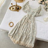 Kukombo  Summer Fairy Dress Women French Style Vintage Retro Chiffon Dress Puff Sleeve Casual Elegant Floral Print Dress Women 2022 New