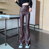 Kukombo  PU Leather Flare Pants Women Y2k Pants Fashion Elegant Slim Pant Vintage Black Casual High Waist Trousers Streetwear