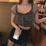 Christmas Gift 2022 Summer New Plaid Tshirts Women Retro Square Collar Shirt Casual Lace Tees Puff Sleeve Crop Tops Female Korean Fashion
