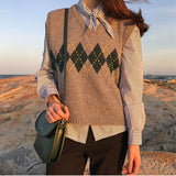 Christmas Gift Women Sweater Vest Autumn 2021 Korean Style Vintage Geometric Argyle V Neck Sleeveless Pullovers Knitted Woman Sweaters