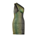 Kukombo Sexy Hollow Out Folds Women Dress One-Shoulder Sleeveless Slim Bodycon Mini Dresses 2022 Summer Green Print Fashion Lady