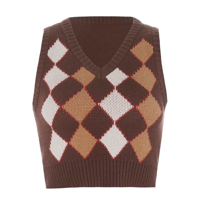 Christmas Gift HEYounGIRL Brown Argyle Vintage Cropped Sweater Vest Autumn Sleeveless Knit Pullover Preppy Style Casual Plaid Knitwear 90s