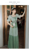 Kukombo Mori Girl Green Gentle Fairy Summer Chiffon Dresses Puff Sleeve Square Neck Elegant French Retro Floral Dress Vestidos De Fiesta