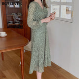 Christmas Gift BGTEEVER Casual V-neck Floral Midi Dress for Women V-neck Slim Waist Female Ruched Green Chiffon Dress 2021 Spring Vestidos