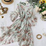 Kukombo Women Chiffon Dress 2022 Summer Sexy V-neck Flare Sleeve Floral Sweet Tulle Dress Elegant Ladies Irregularity Robe