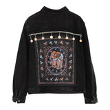 Christmas Gift Women's Short Black Denim Jacket Autumn Winter Turn-down Collar Button Female Jackets Pattern Splice Vintage Woman Outerwear Top