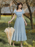Kukombo Blue Gentle Romantic Fairy Dress Women Ruffled Square Collar Elegant High Waist Beaded Bow Sweet Cute Long Dress Summer 2022 New