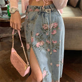 Kukombo  Streetwear Vintage Flowers Print Long Denim Skirts Summer 2022 High Waist Slim Sexy Open Split Straight Skirt Jeans Saias Female