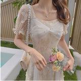 Kukombo  Summer White Fairy Dress Women Elegant French Vintage Lace Sweet Midi Dress Chic Short Sleeve Princess Party Dress 2022