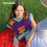 Christmas Gift HEYounGIRL Floral Print Sleeveless Knit Vest Women Autumn Crop Top Sweater Women V Neck Vintage Knitwear Streetwear 2021