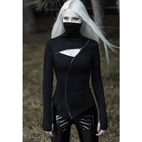 Kukombo Halloween Medieval Cosplay Women Turtleneck Black Tops Gothic Punk Zipper Sexy Hollow Out Long Sleeve T-Shirt Carnival Party Goth Costumes